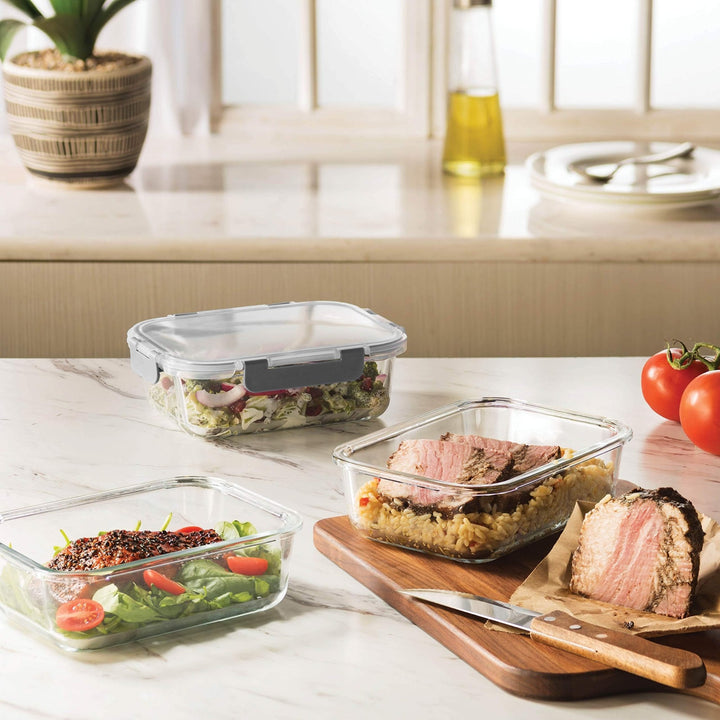 Glass Meal Prep Containers with Lids - Set of 3 Square 28 Oz Containers - Nestopia