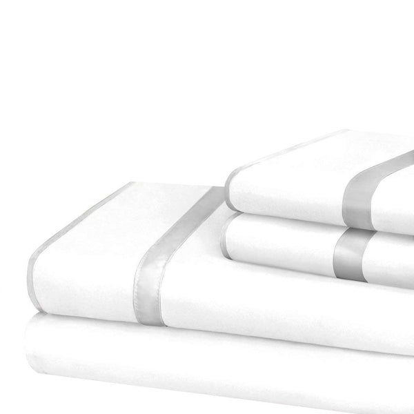 1500TC Bed Sheet Set, Satin Trim, Soft, Wrinkle-Free, Hypoallergenic, 4Pc Set-Full-White/Silver - Nestopia