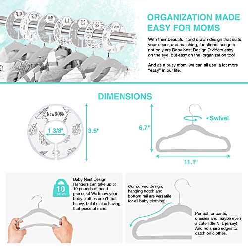20x Baby Hangers + 7X Closet Dividers for Nursery Velvet Clothes Hangers Unisex Newborn Essentials Size Organizer for Infant Clothing to 24 Months - Nestopia