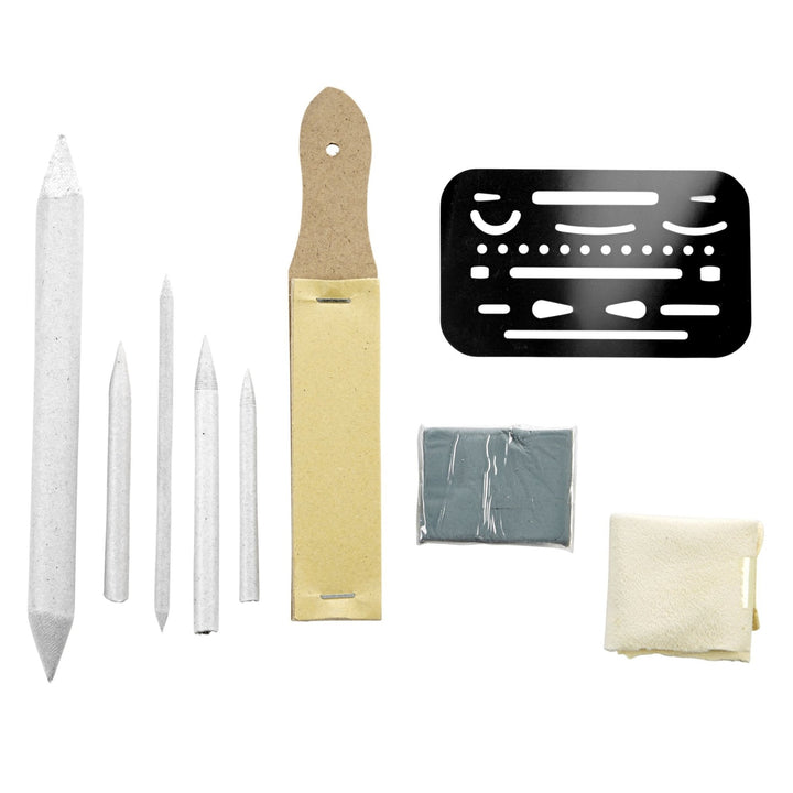 9-Pc Drawing Set: Stumps, Tortillons, Kneaded Eraser, Sandpaper Pointer, Chamois, Erasing Shield - Nestopia