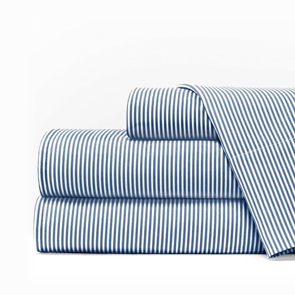 Egy Lux 1600 Hotel Coll Pinstripe Sheet Set - Deep Pockets, Wrinkle/Fade Res, Hypoallergenic - Cal King, Navy-White - Nestopia