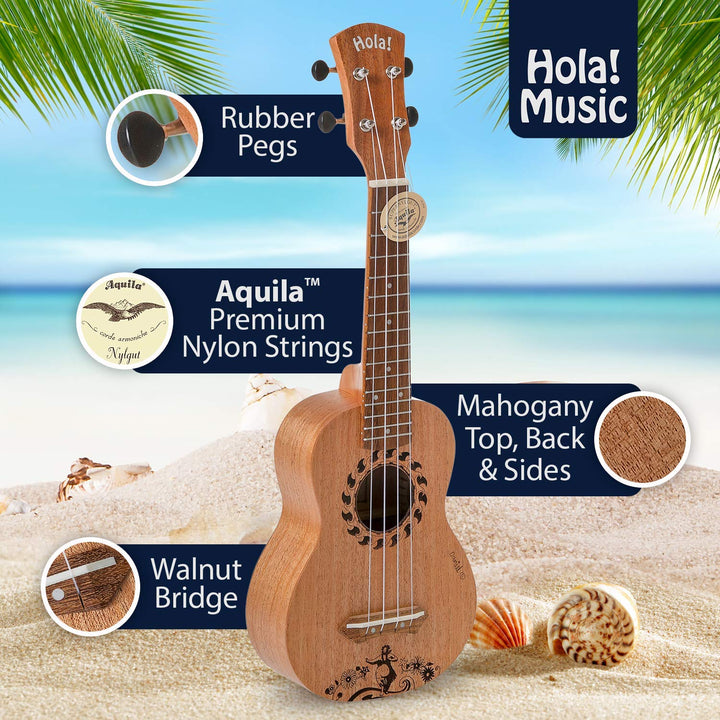 Hola! Music HM-121GL+ Laser Engraved Mahogany Soprano Ukulele Bundle with Aquila Strings, Padded Gig Bag, Strap and Picks - Hula Dancer - Nestopia