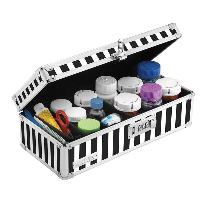 Medicine Storage Box with Combination Lock - Black & White Stripe - Nestopia