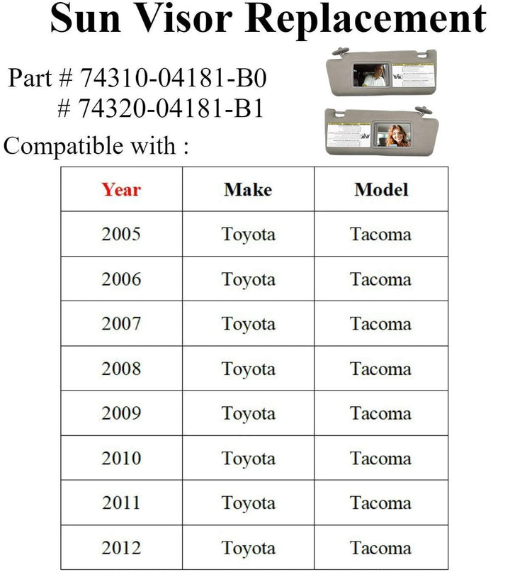 Toyota Tacoma 05-12 Driver Visor 74320-04181-B1 - Nestopia