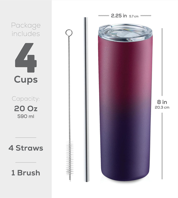 20 Oz Insulated Skinny Stainless Steel Tumbler Set - 4-Pack - Nestopia