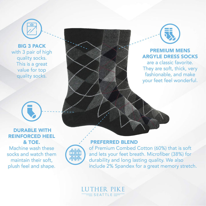 3 Pk Mens Argyle Dress Socks - Premium Cotton - Nestopia