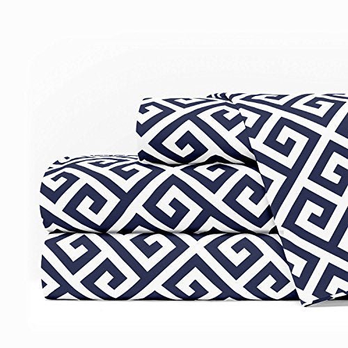 4pc Greek Key Sheet Set, Queen, Navy/White - Nestopia