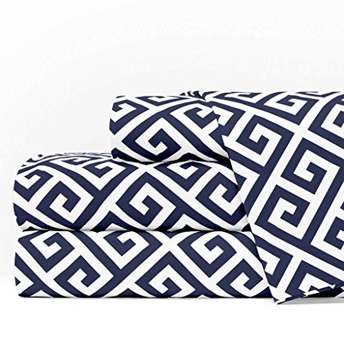 4pc Greek Key Sheet Set, Queen, Navy/White - Nestopia