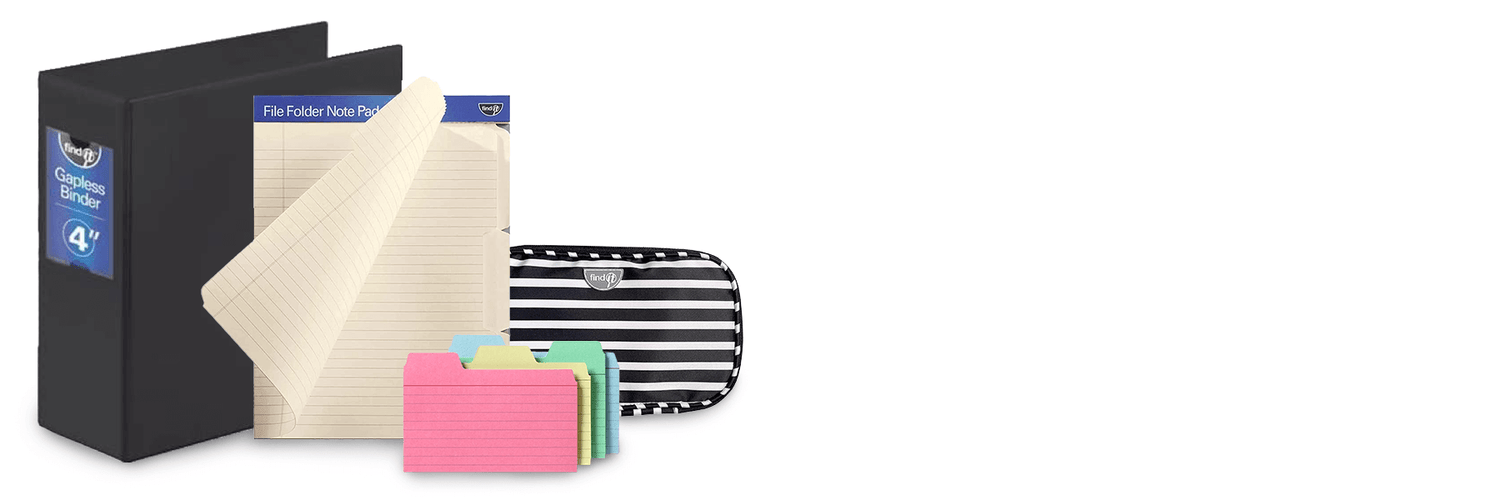 A group of colorful files next to a black and white striped case