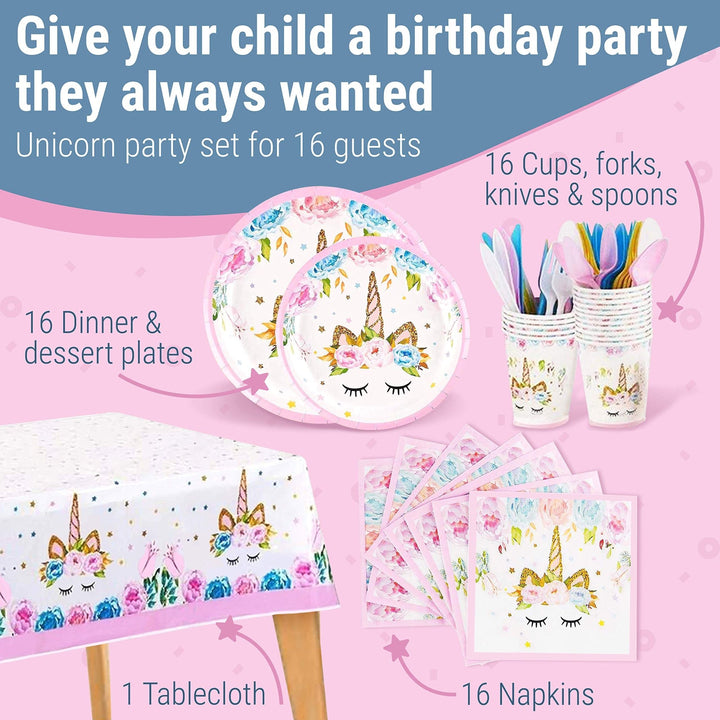 Discovering DIY Unicorn Birthday Decorations for Girls - Party Supplies Kit for 16 Guests w/Plates, Cups, Goody Bags, Utensils, Napkins, Cake Cutter & Topper, Candles, Table Cloth and Banner - Nestopia