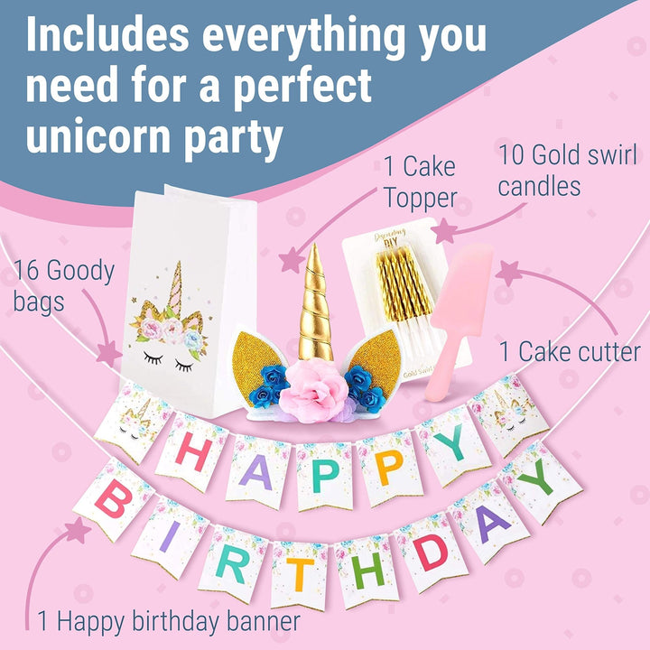 Discovering DIY Unicorn Birthday Decorations for Girls - Party Supplies Kit for 16 Guests w/Plates, Cups, Goody Bags, Utensils, Napkins, Cake Cutter & Topper, Candles, Table Cloth and Banner - Nestopia