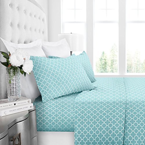 Egyptian Luxury 1600 Series Hotel Collection Clover Pattern Bed Sheet Set - Deep Pockets, Wrinkle and Fade Resistant, Hypoallergenic Sheet and Pillowcase Set - Cal King - Aqua/White - Nestopia