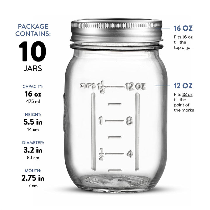 Mason Jars - 16 Oz Regular Mouth Glass Canning Jars - Nestopia