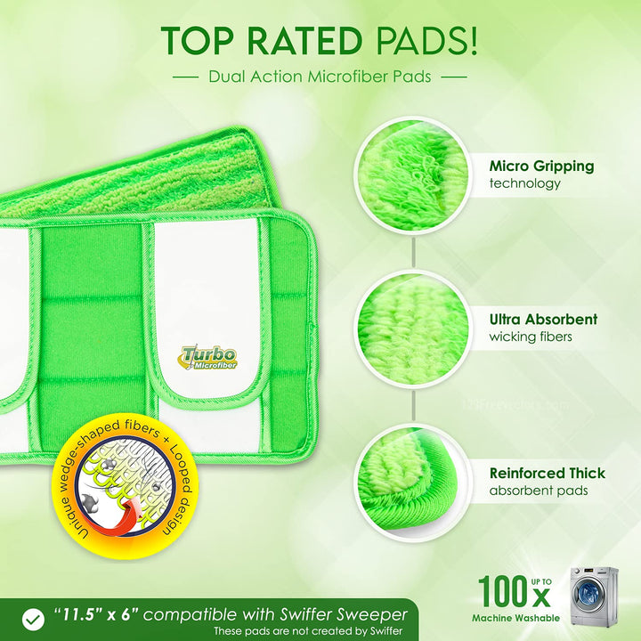 Reusable Pads Compatible with Swiffer Sweeper Mops - Washable Microfiber Mop Pad Refills by Turbo - 12 Inch Floor Cleaning Mop Head Pads Work Wet and Dry - 2 Pack - Nestopia