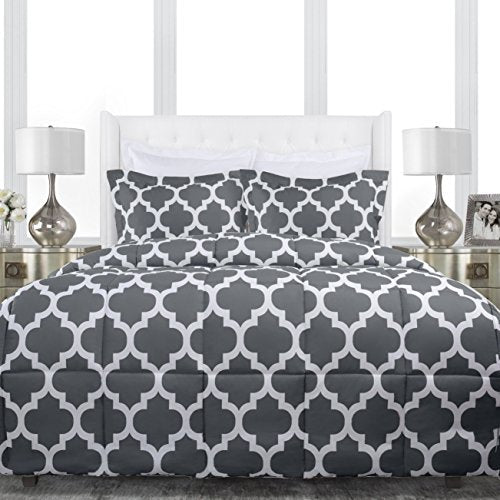 Sleep Restoration Luxury Goose Down Alternative Reversible Quatrefoil Comforter - Premium All Season Duvet - King/Cal King - Gray - Nestopia