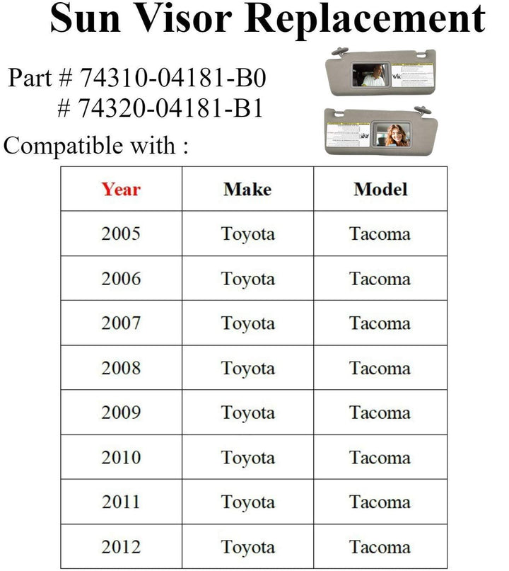 Toyota Tacoma 05 - 12 Driver Visor 74320 - 04181 - B1 - Nestopia