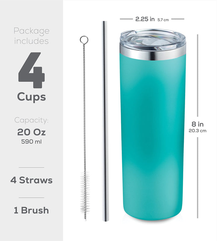 20 Oz Insulated Skinny Stainless Steel Tumbler Set - 4-Pack - Nestopia