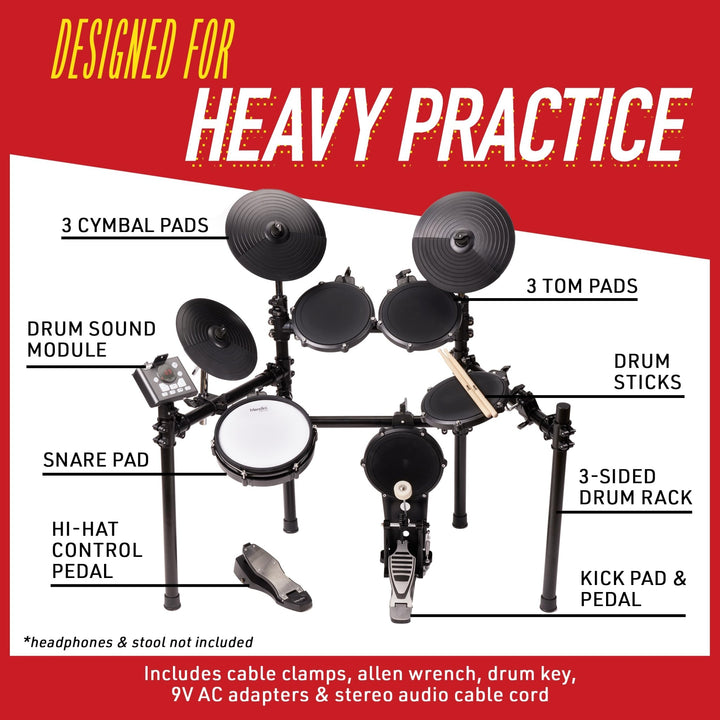 8-Piece Electric Drum Set Kit with Quiet Mesh and Rubber Pads, 225 Sounds, 40 Lessons - Nestopia