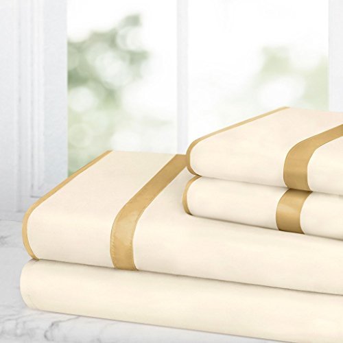 Egy Lux Bed Sheet Set - 1500 TC, Satin Band, Wrinkle/Fade Resistant, Hypoallergenic 4Pc - Twin - Cream/Gold - Nestopia