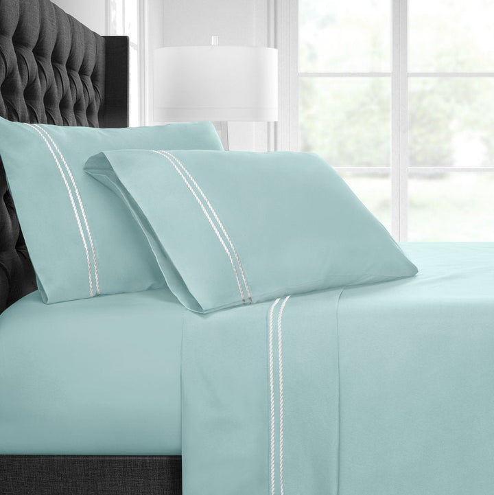 Egyptian Luxury Bed Sheet Set-1500 Series-Rope Embroidery-Wrinkle/Fade Resistant-Hypoallergenic-4Pc-Queen-Aqua/White - Nestopia