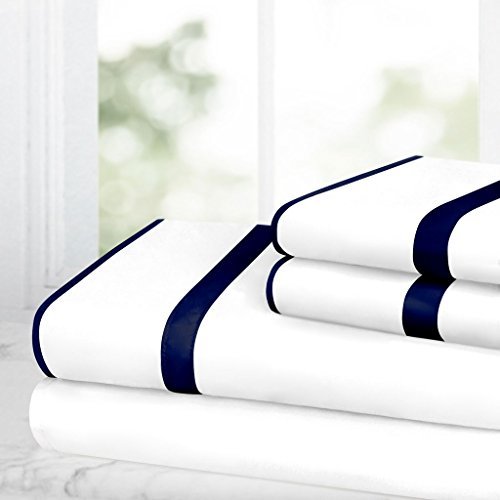 Egyptian Luxury Bed Sheet Set-King-White/Navy-1500TC - Nestopia