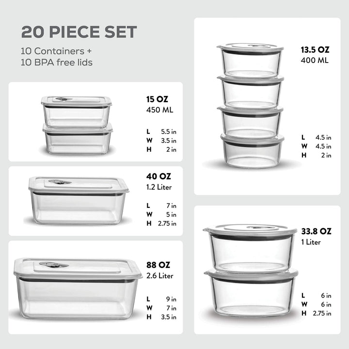 Glass Food Storage Container Set - 20 Piece Set - Nestopia