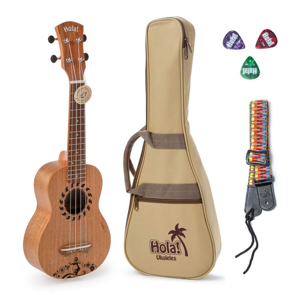 Hola! Music HM-121GL+ Laser Engraved Mahogany Soprano Ukulele Bundle with Aquila Strings, Padded Gig Bag, Strap and Picks - Hula Dancer - Nestopia