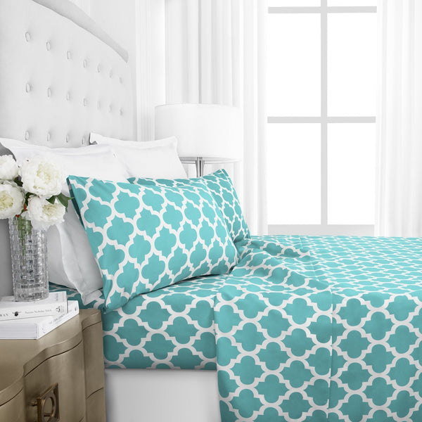 Italian Luxury 1800 Series Hotel Collection Quatrefoil Pattern Bed Sheet Set - Deep Pockets, Wrinkle and Fade Resistant, Hypoallergenic Printed Sheet and Pillow Case Set - King - Aqua - Nestopia