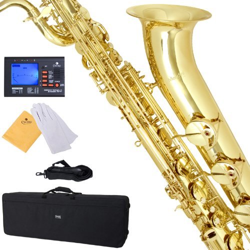 Mendini by Cecilio MBS-30L+92D Lacquer Yellow Brass Intermediate E Flat Baritone Saxophone with Tuner, Pro-Deluxe Case, Mouthpiece and Neck Strap - Nestopia