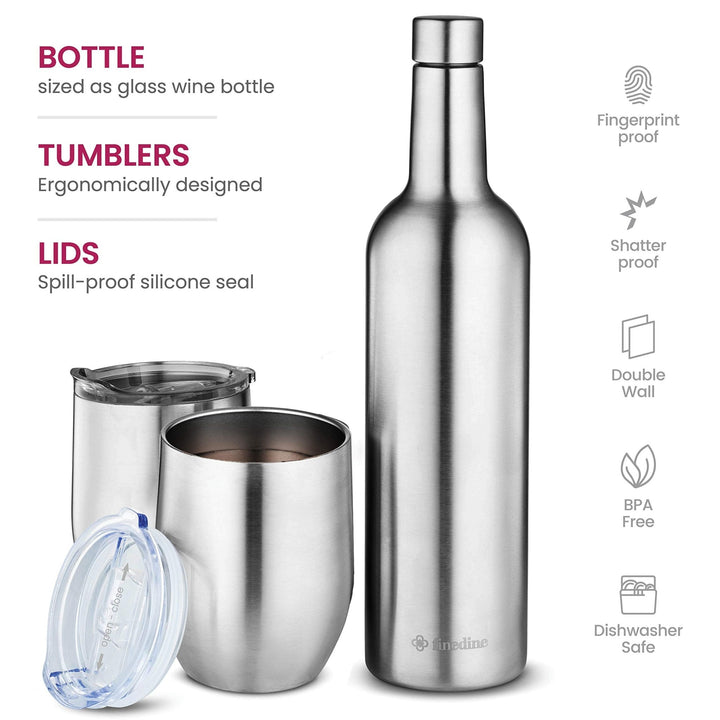 Wine Chiller Gift Set - Vacuum-Insulated Wine Bottle 750ml & Two Wine Tumblers With Lids 16oz - Nestopia