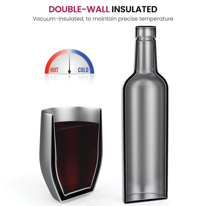 Wine Chiller Gift Set - Vacuum-Insulated Wine Bottle 750ml & Two Wine Tumblers With Lids 16oz - Nestopia